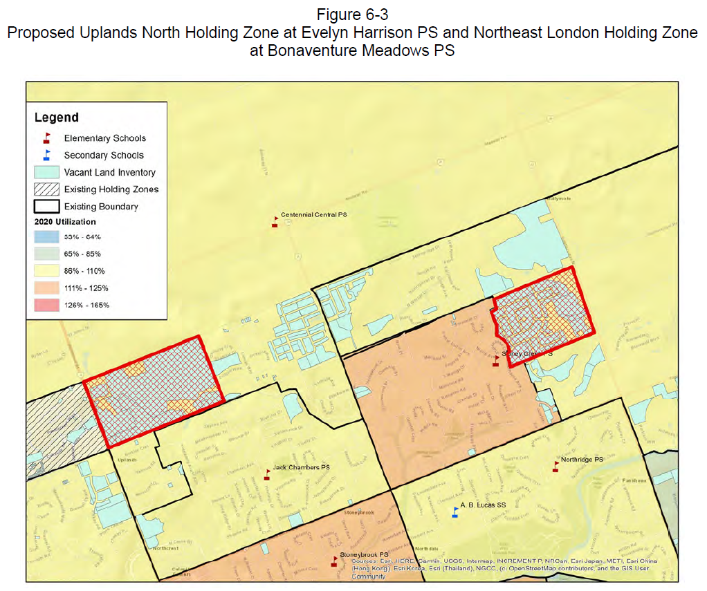 Figure 6-3: Proposed Uplands North Holding Zone at Evelyn Harrison PS and Northeast London Holding Zone at Bonaventure Meadows PS